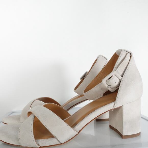 EUC Quince Womens Italian Crisscross Suede Shoes Block Heels Almond Gray Sz 9 - Picture 2 of 7